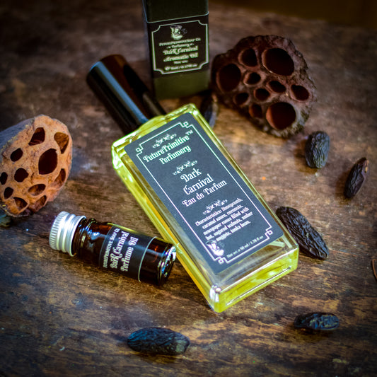 Perfume bottle labeled 'Dark Carnival Eau de Parfum' on a wooden surface with dried tonka beans and seed heads