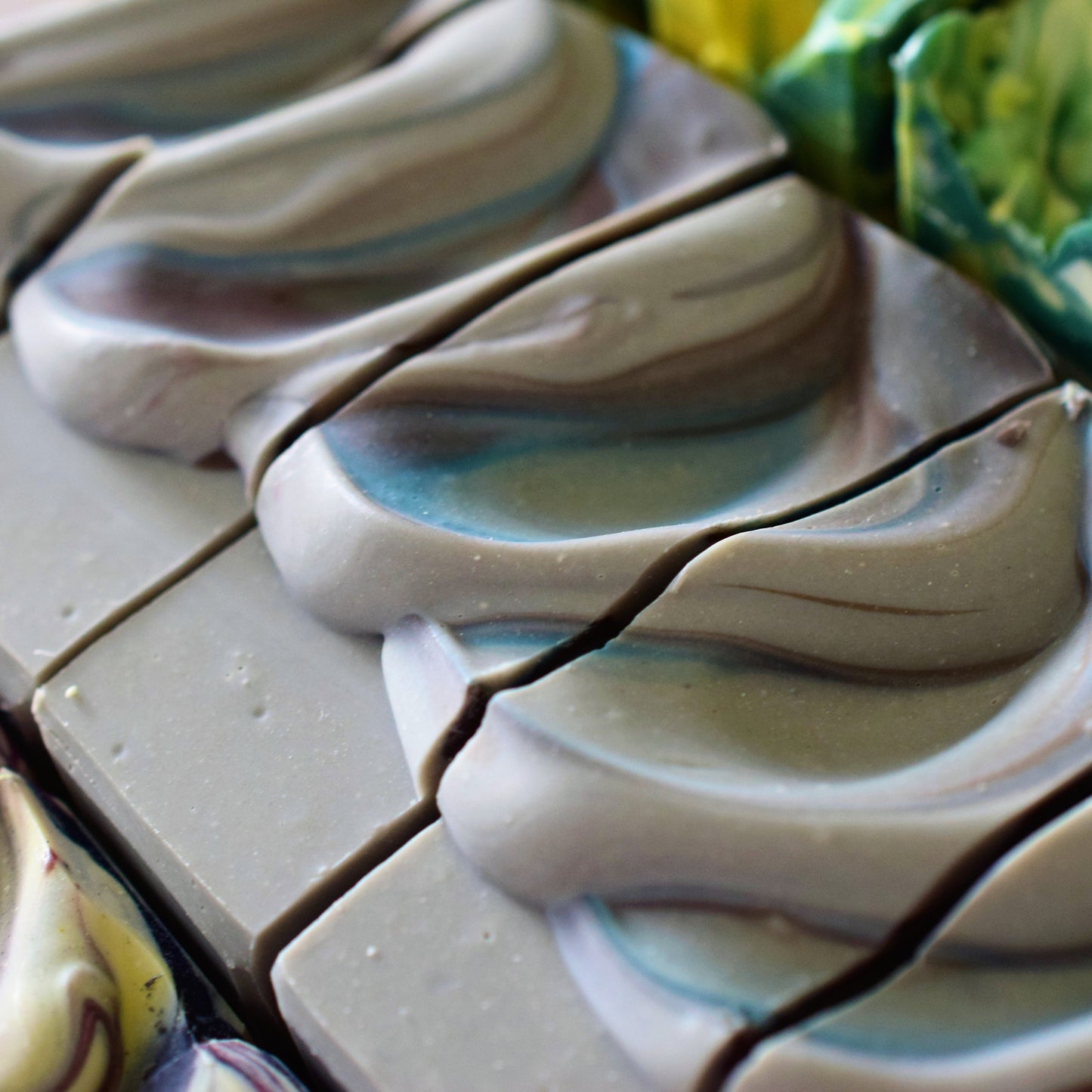 Close-up of swirled artisan handmade soap bars