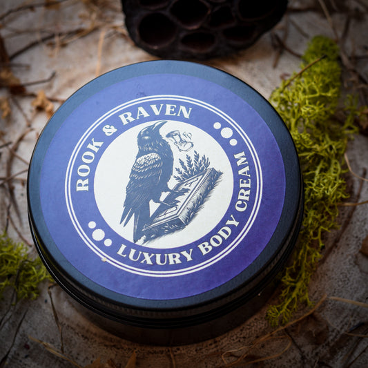 Rook & Raven Luxury Body Cream jar lid on a natural background