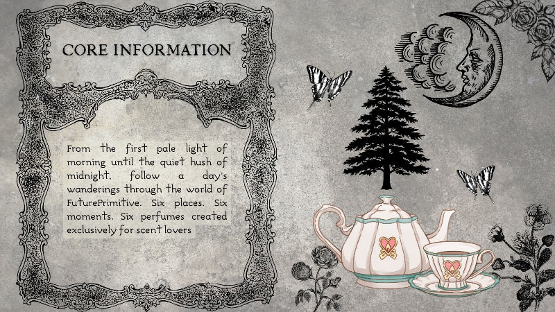 A vintage-style illustrated card with the heading 'CORE INFORMATION' on a textured gray background. The left side contains decorative text inside an ornate border, and the right side shows a teapot, teacup, tree, moon face, and butterflies in black and muted teal tones.