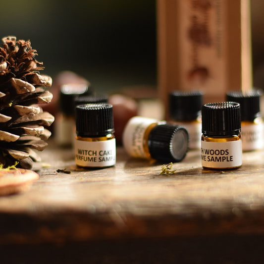 Several small amber perfume sample bottles with black caps and white labels are arranged on a rustic wooden surface, alongside a pinecone and dried botanicals. The front labels read 'WITCH CAKE PERFUME SAMPLE' and 'NORTH WOODS OIL SAMPLE'.