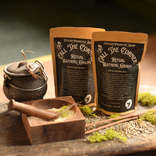 call the corners ritual bathing grains in pouches surrounded by witchy items