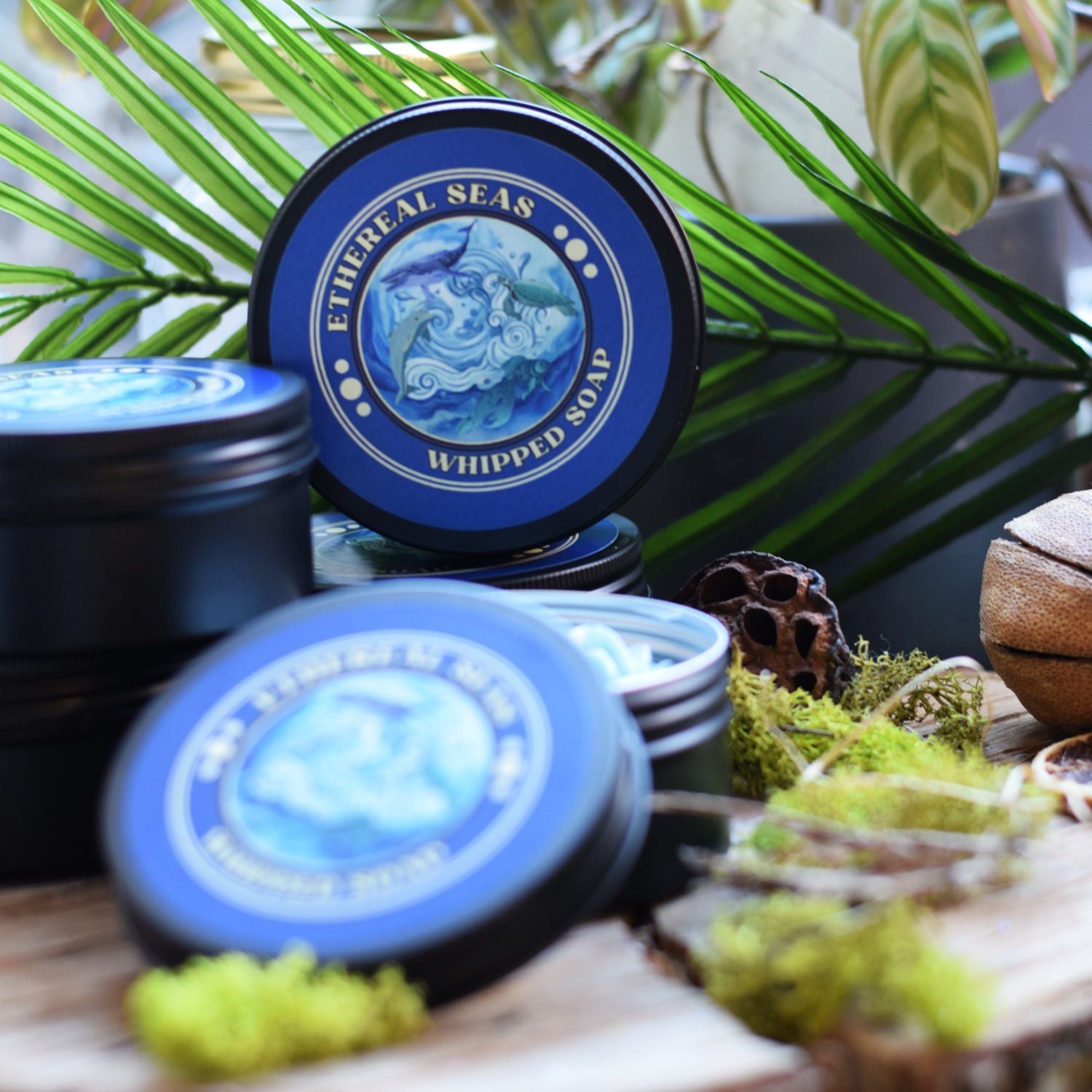 Ethereal Seas whipped soap containers on a natural background with plants