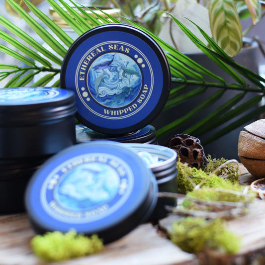 Ethereal Seas whipped soap containers on a natural background with plants