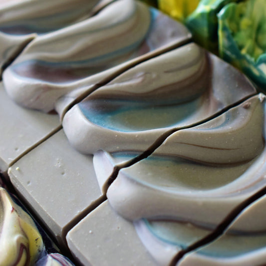 Close-up of swirled artisan handmade soap bars 