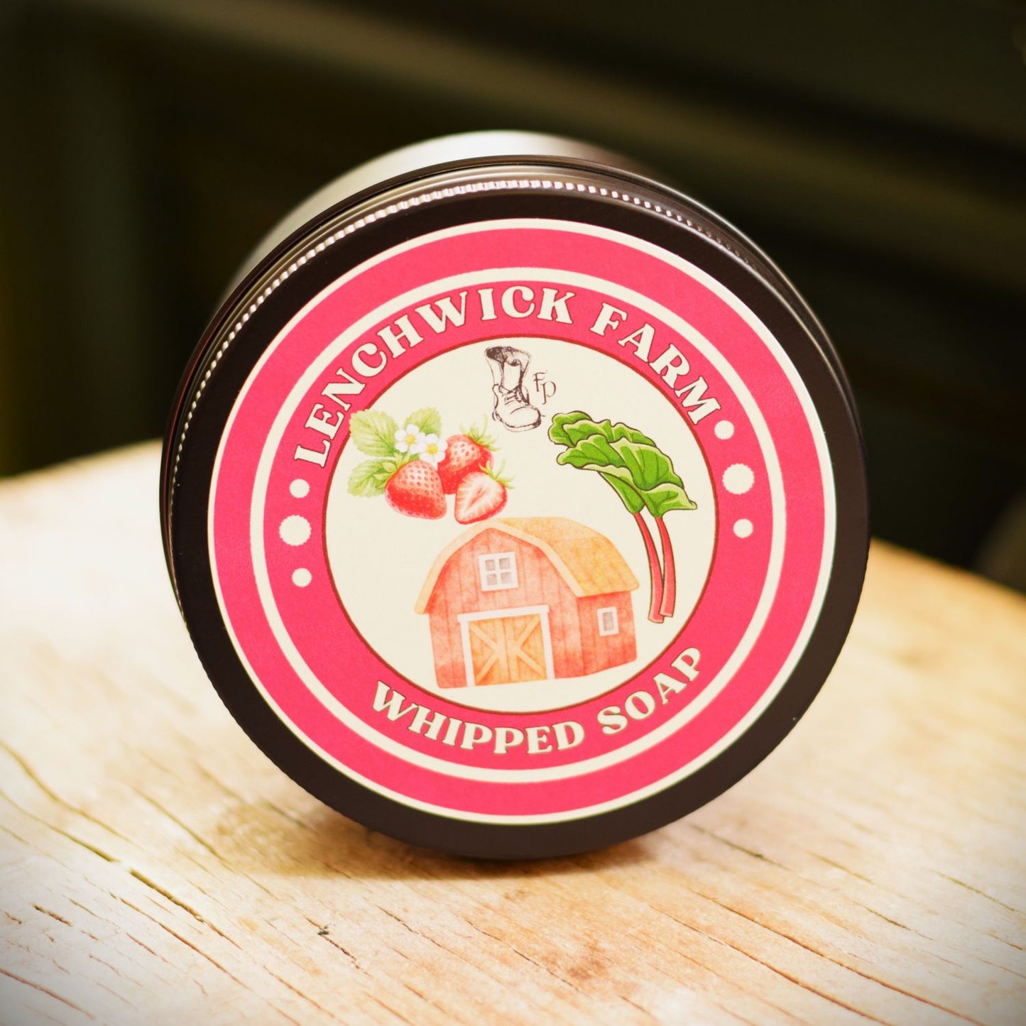 Lenchwick Farm whipped soap container on a wooden surface
