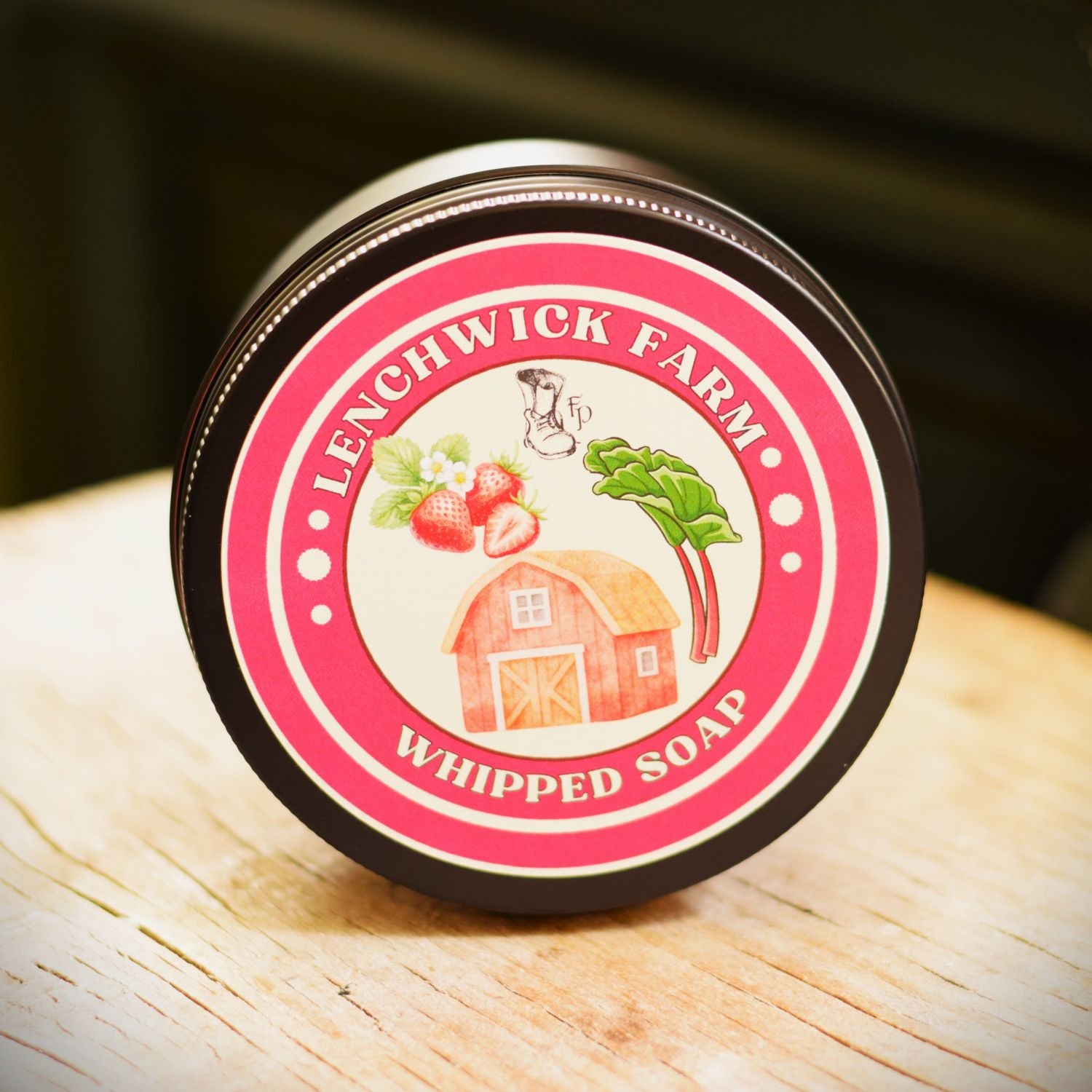 Lenchwick Farm whipped soap container on a wooden surface