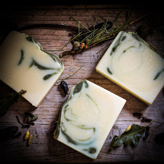 Three rectangular bars of handmade soap with green leaf swirls on a textured dark wood background, surrounded by dried botanicals.