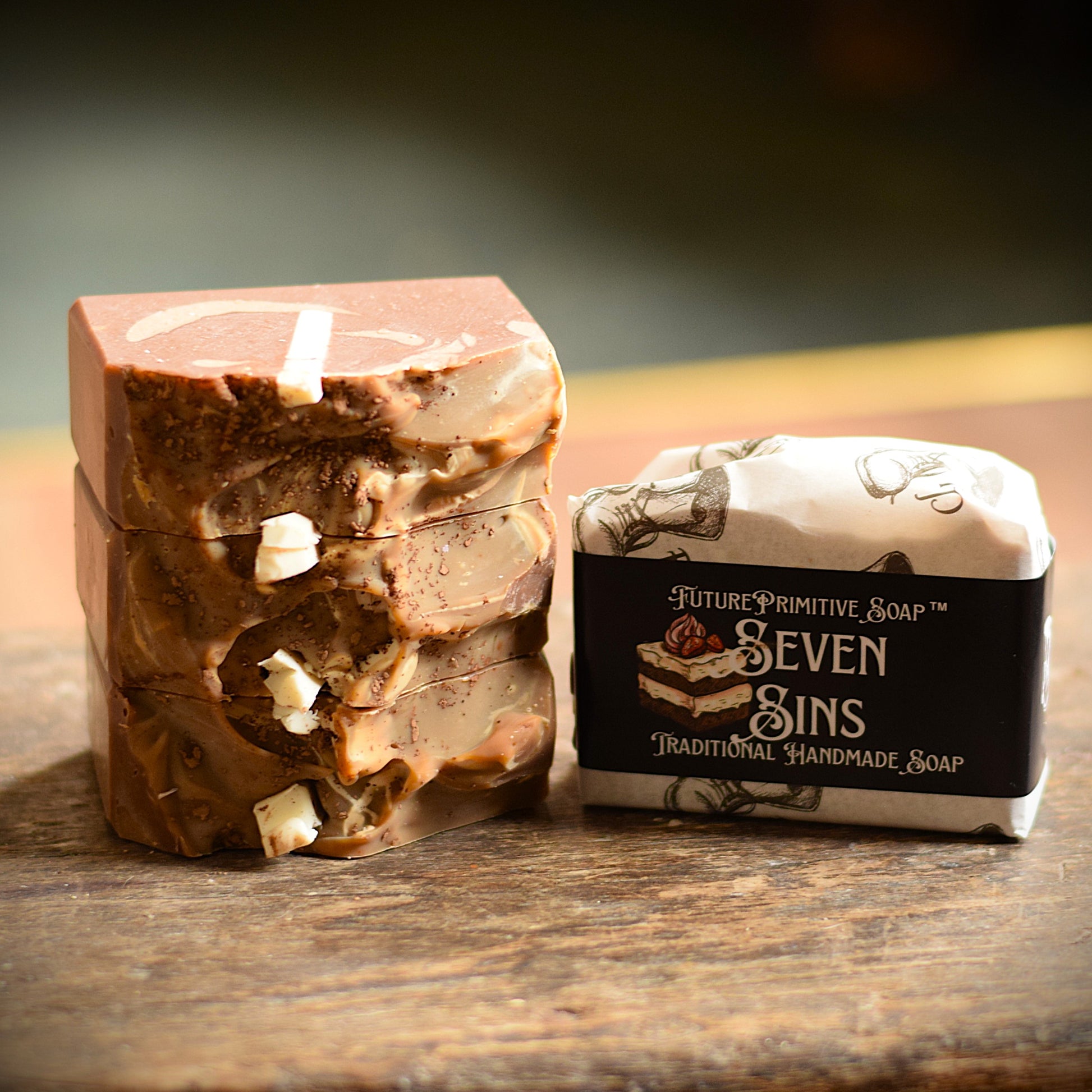 Handmade soap with a decorative label on a wooden surface