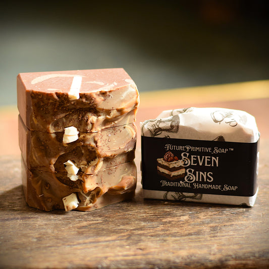 Handmade soap with a decorative label on a wooden surface