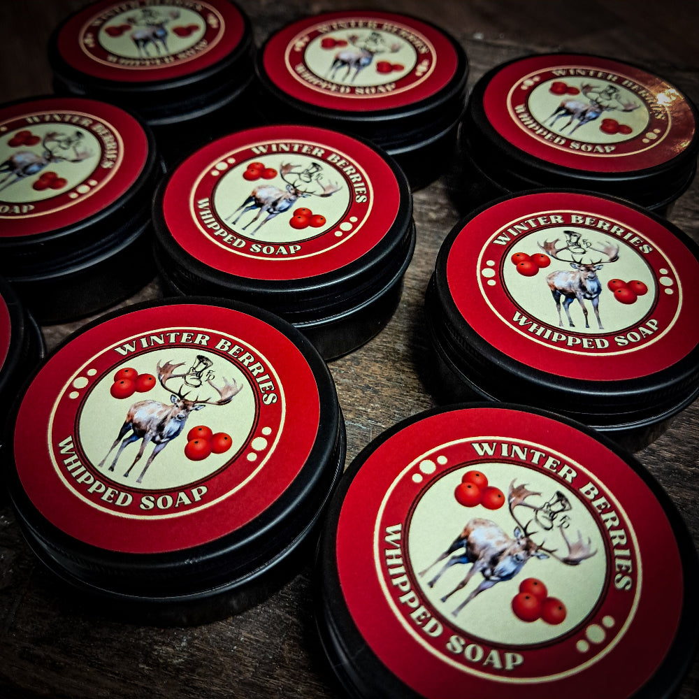 winter berries whipped soap mini in small black tins
